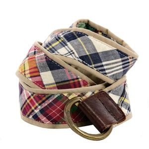 J.CREW Belt Double Loop Plaid 100% Cotton Sz. S / M Leather Trim Brown #B1270